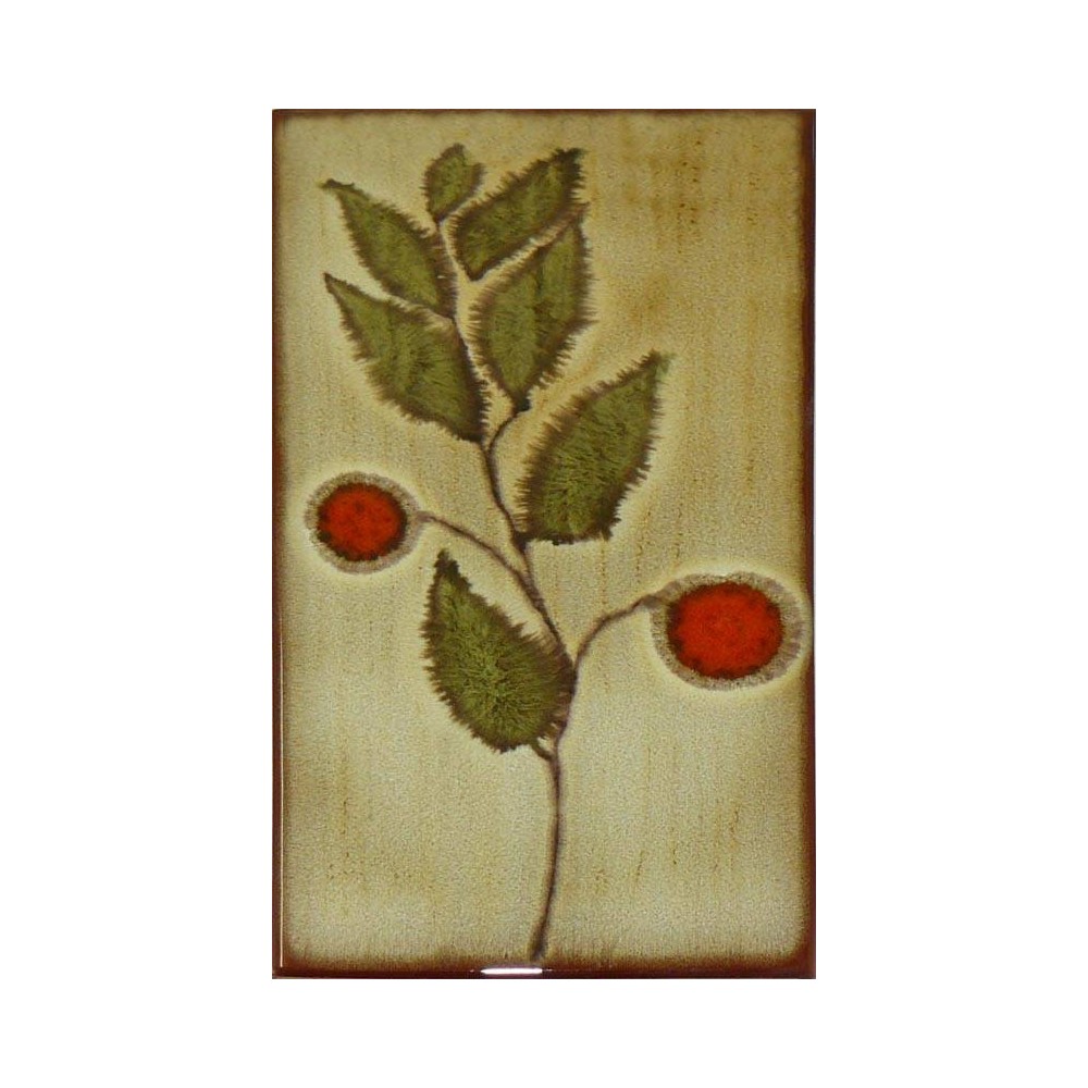 Faïence beige décor branche feuille cerises 10X20 Emola gres - La pièce 