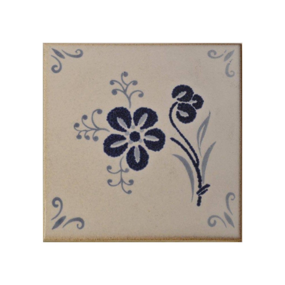 Décor carrelage blanc fleur liseret bleu 10,9x10,9 Sarreguemines - Lot 53 pièces