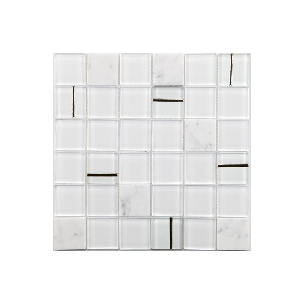 Mosaique mur carré marbre blanc verre touche argent 29.7x29.7 cm Mat Inter – La Plaque